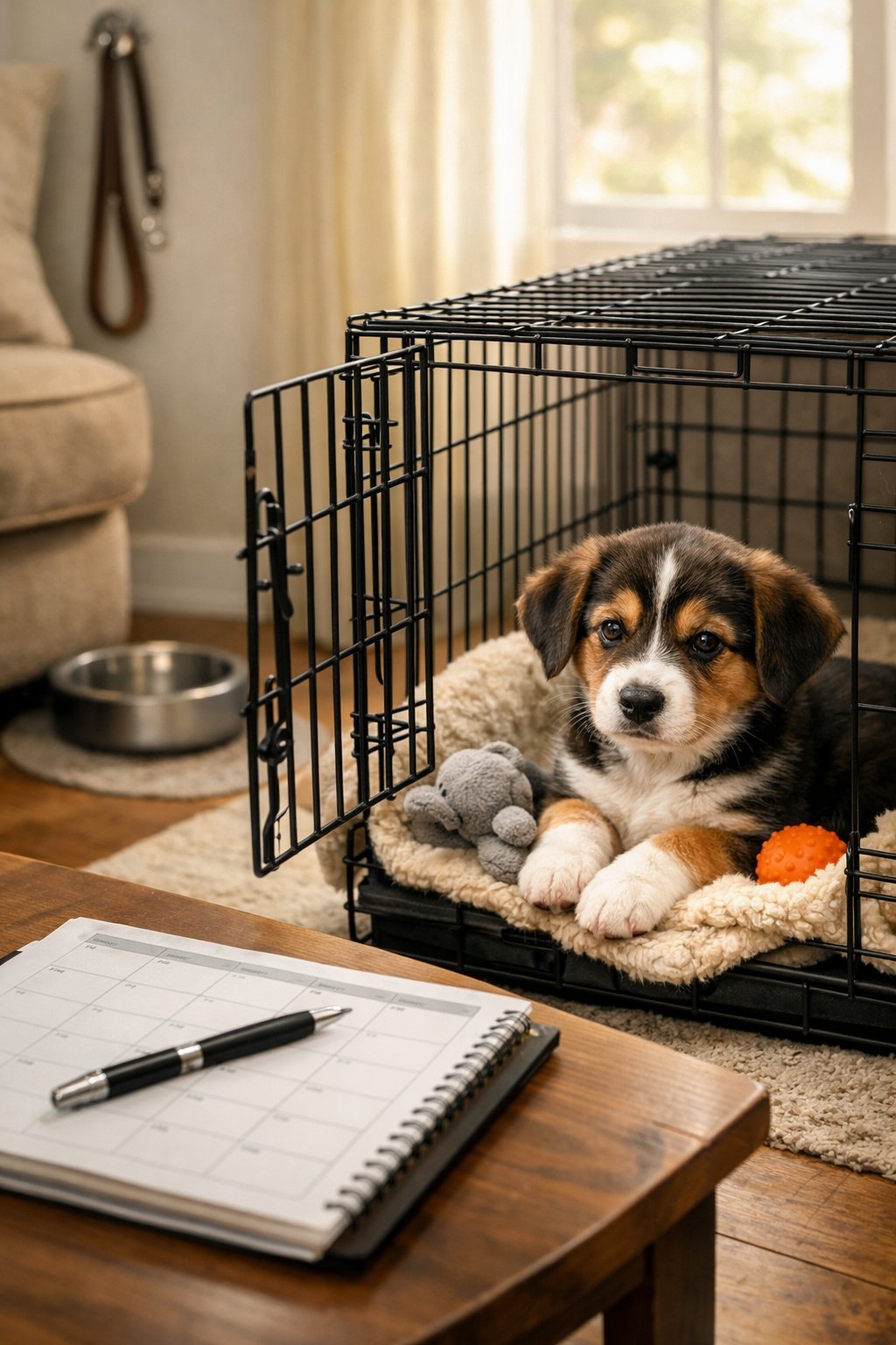A young puppy resting peacefully inside an open crate in a bright living room with a calendar and pen on a nearby table.