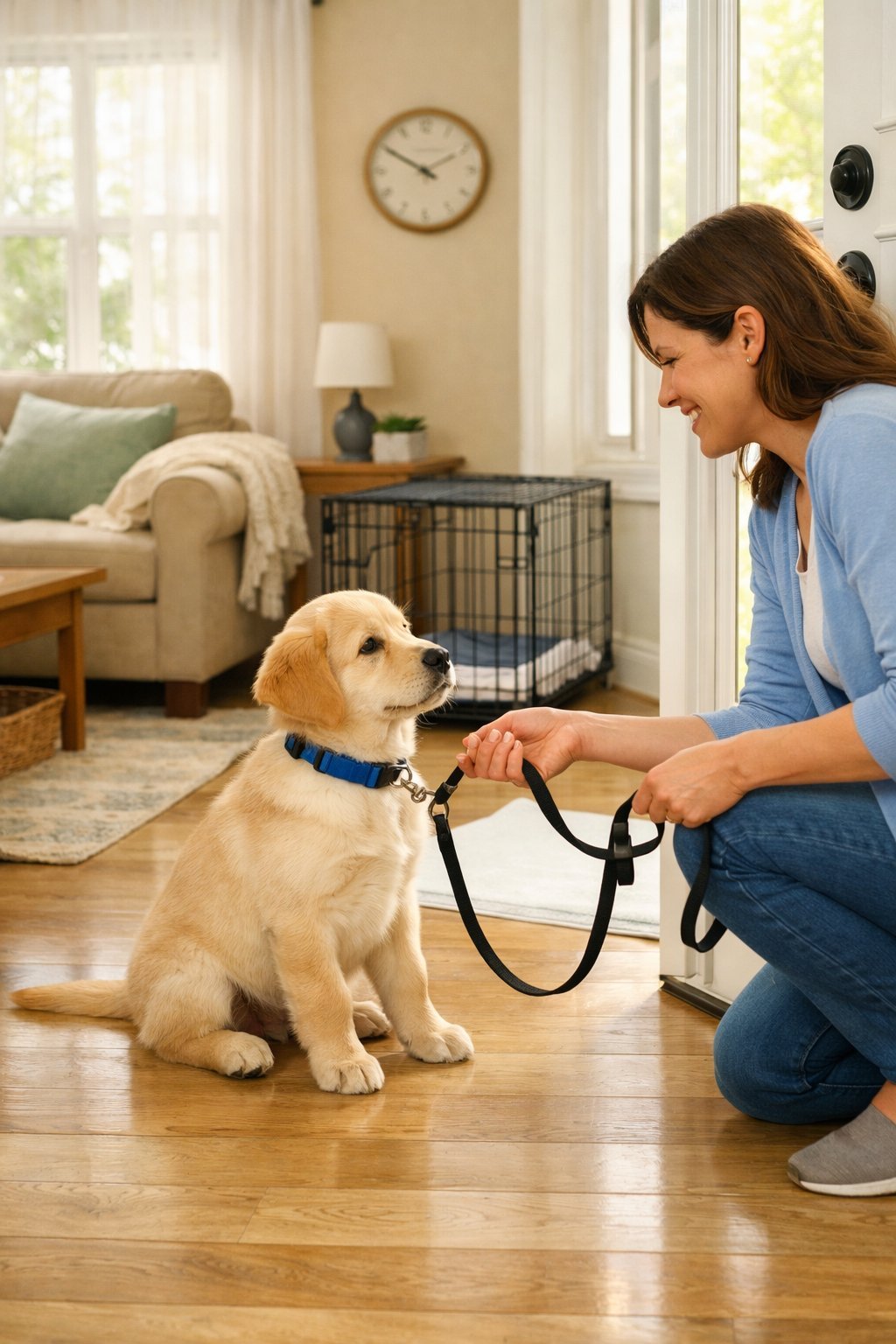 A young puppy sitting by a front door with a leash, a person kneeling nearby ready to take it outside for potty training.