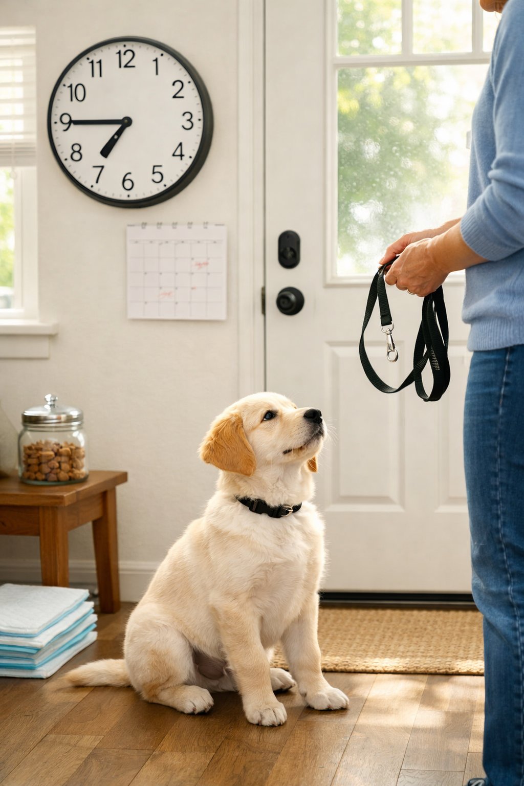 A person holding a leash, preparing to take a puppy outside by the front door in a bright home setting.