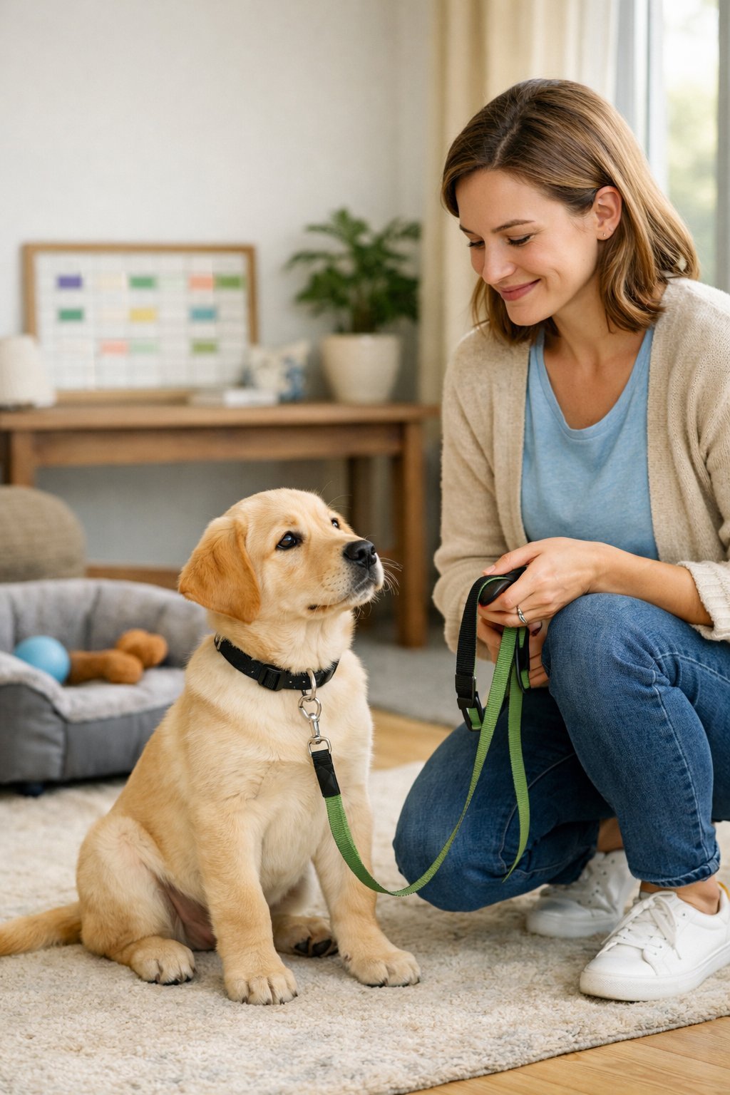 A person holding a leash next to a puppy indoors, preparing to take the puppy outside for a potty break, with a calendar visible in the background.