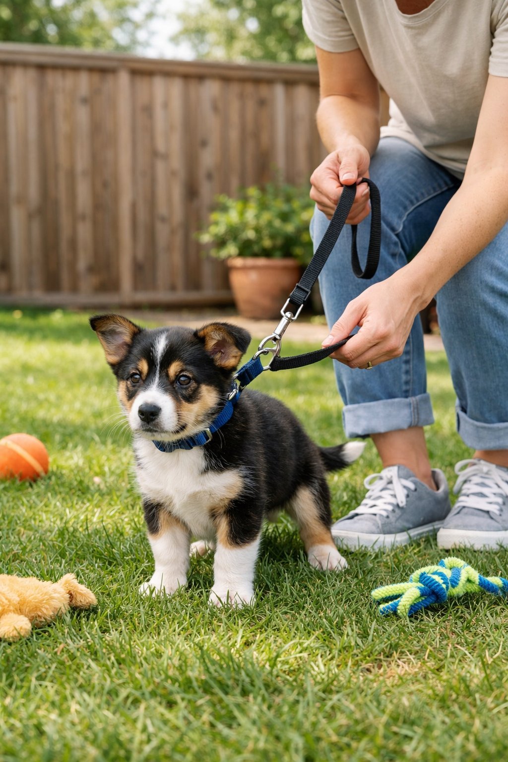 An adult taking a young puppy outside in a backyard for potty training, holding the puppy's leash as the puppy stands on the grass.