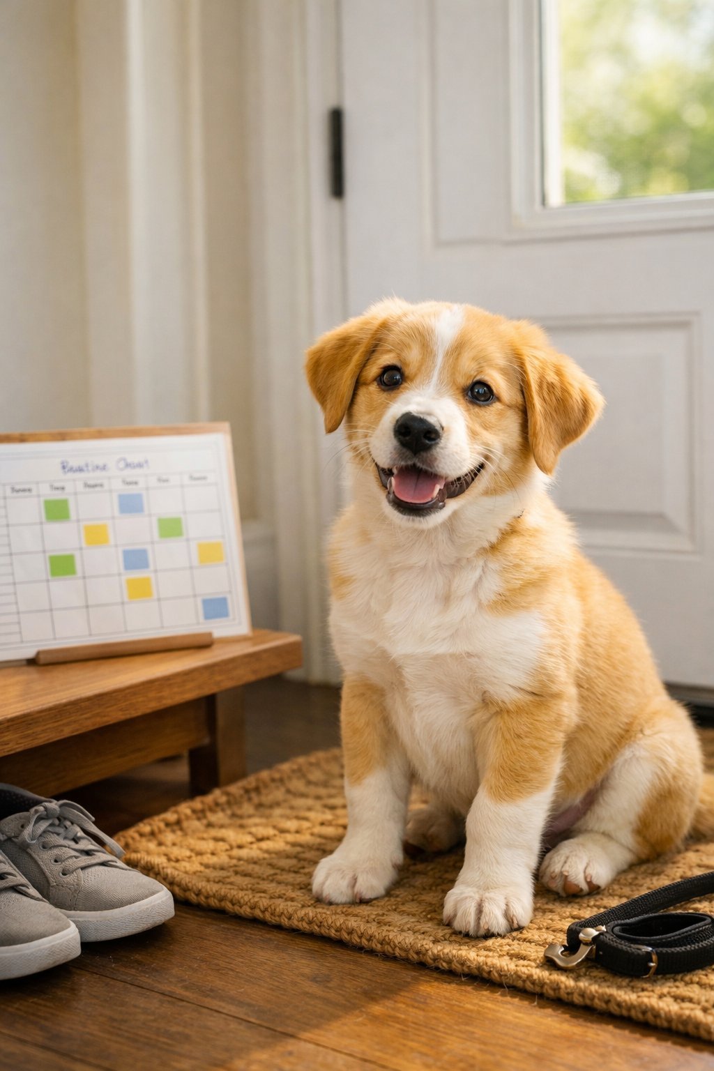 A young puppy sitting patiently by a front door inside a bright home, with a calendar visible nearby indicating a schedule.