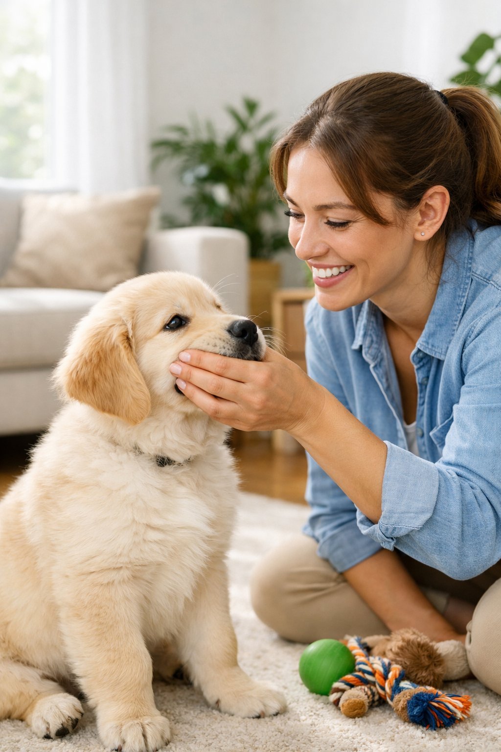 A woman gently holding a golden retriever puppy's mouth while training it indoors.
