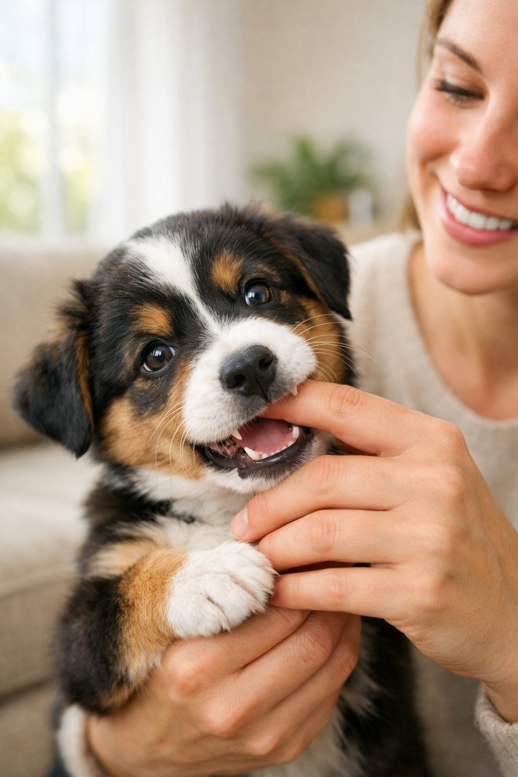 A person gently holding a puppy's mouth while the puppy nips playfully indoors.