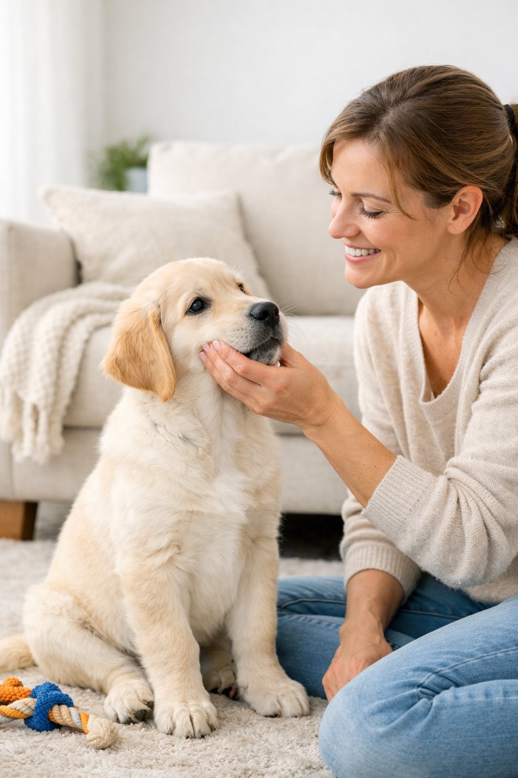 A woman gently holding a puppy's mouth while sitting together in a bright living room, showing a calm training moment.