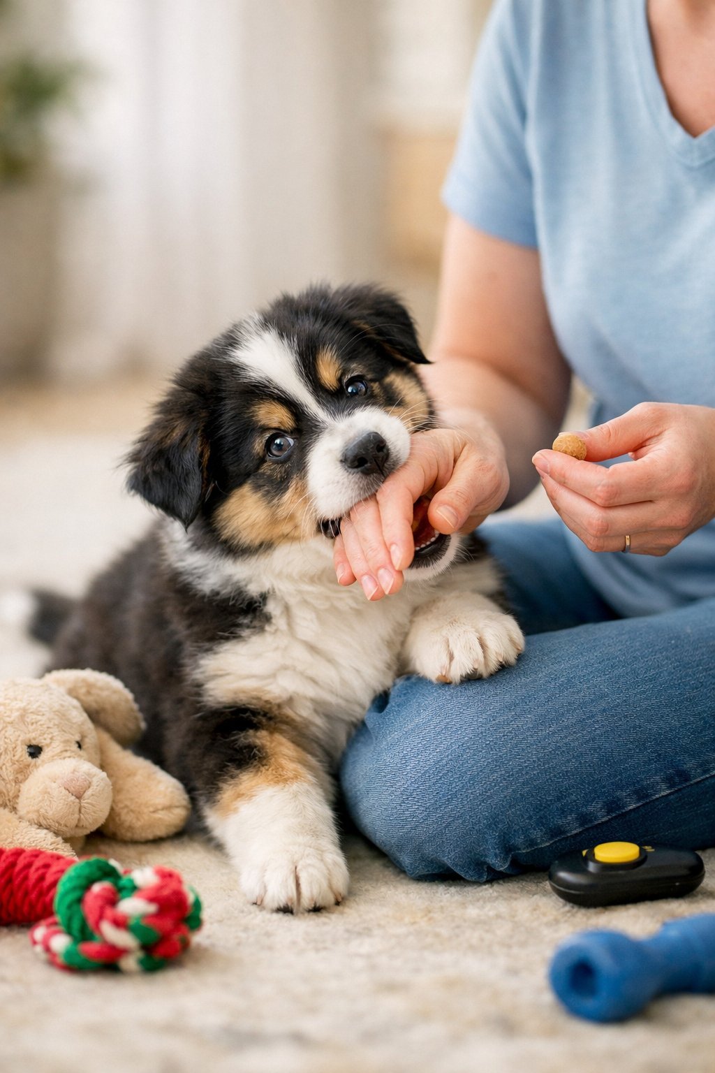 A person gently training a puppy to stop biting by holding its mouth in a calm indoor setting.