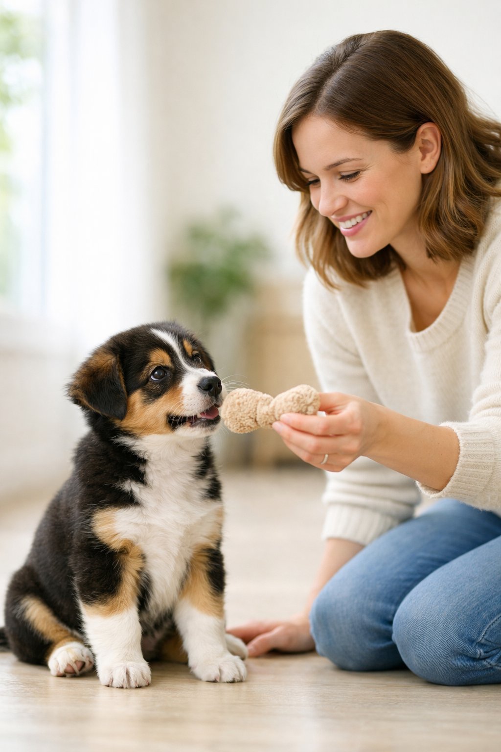 A young woman gently training a calm puppy indoors, offering a chew toy while the puppy sits attentively.