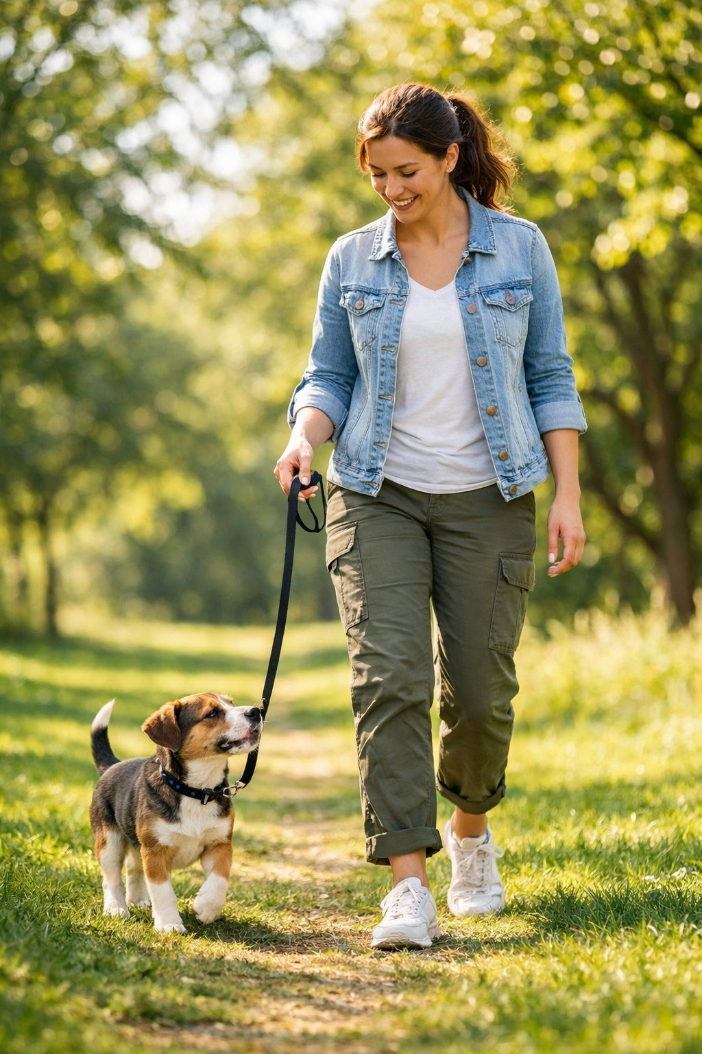 A woman walking a small puppy on a leash in a sunny park, with the puppy walking calmly beside her.