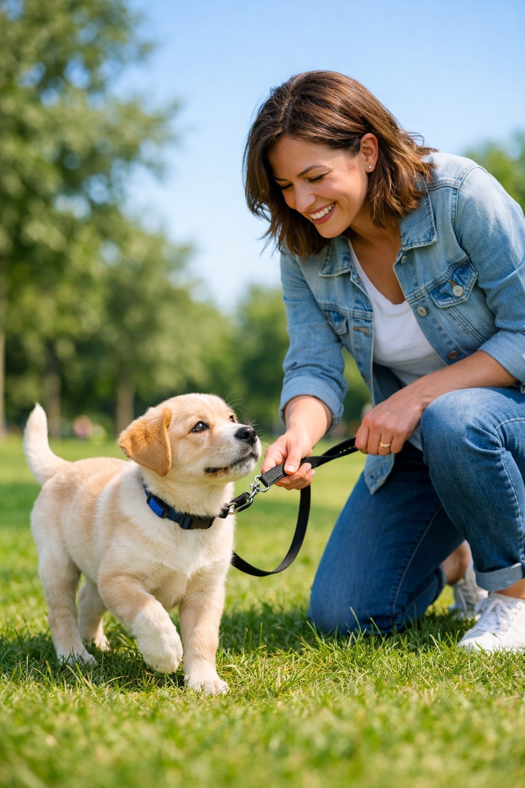 A woman guiding a young puppy on a leash in a sunny park.