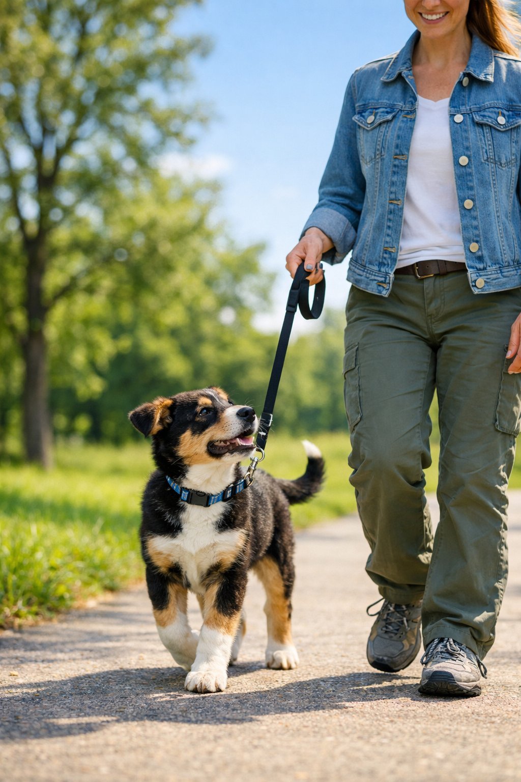 A person walking a calm puppy on a leash in a sunny park with green grass and trees.