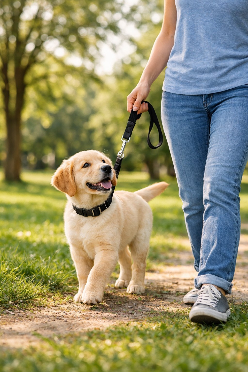 A person gently holding a leash while walking a calm puppy outdoors in a park.
