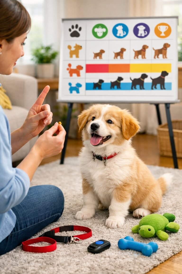 A person training a young puppy indoors with toys and training tools nearby, showing interaction and care.