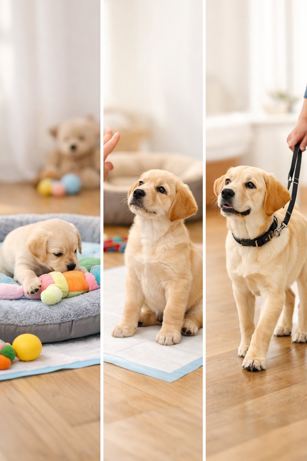Three puppies at different ages engaged in age-appropriate training activities indoors with toys and a trainer.