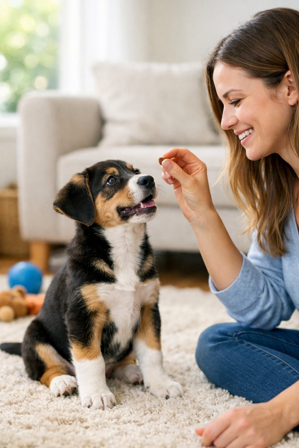 A young puppy sitting attentively while its owner holds a treat during a training session inside a bright room.