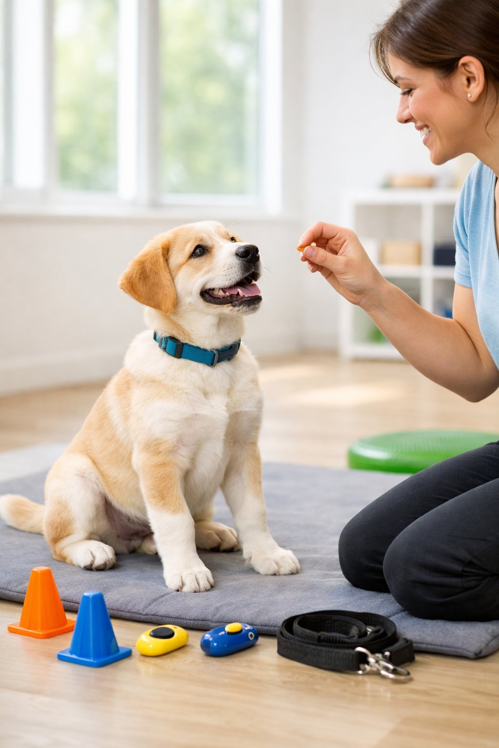 A young puppy sitting attentively on a mat while a trainer holds a treat in a bright indoor training area.