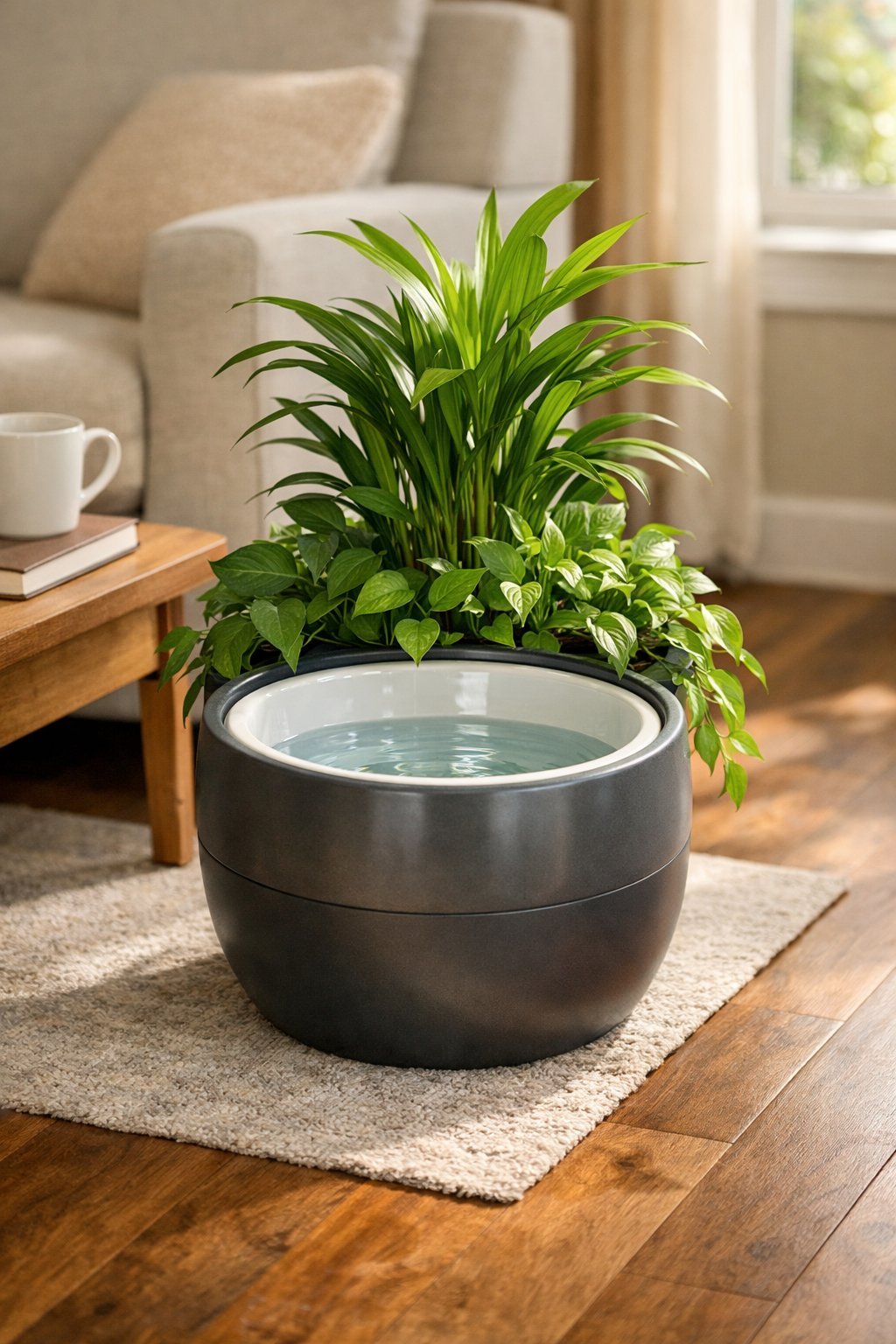 A dog water bowl integrated into a green plant pot placed in a living room with natural light and home decor.
