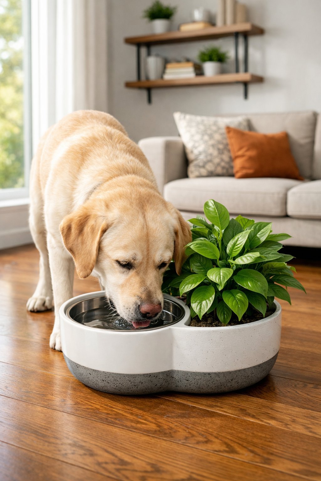 A dog drinking water from a ceramic bowl planter with green plants indoors near a window in a modern living room.