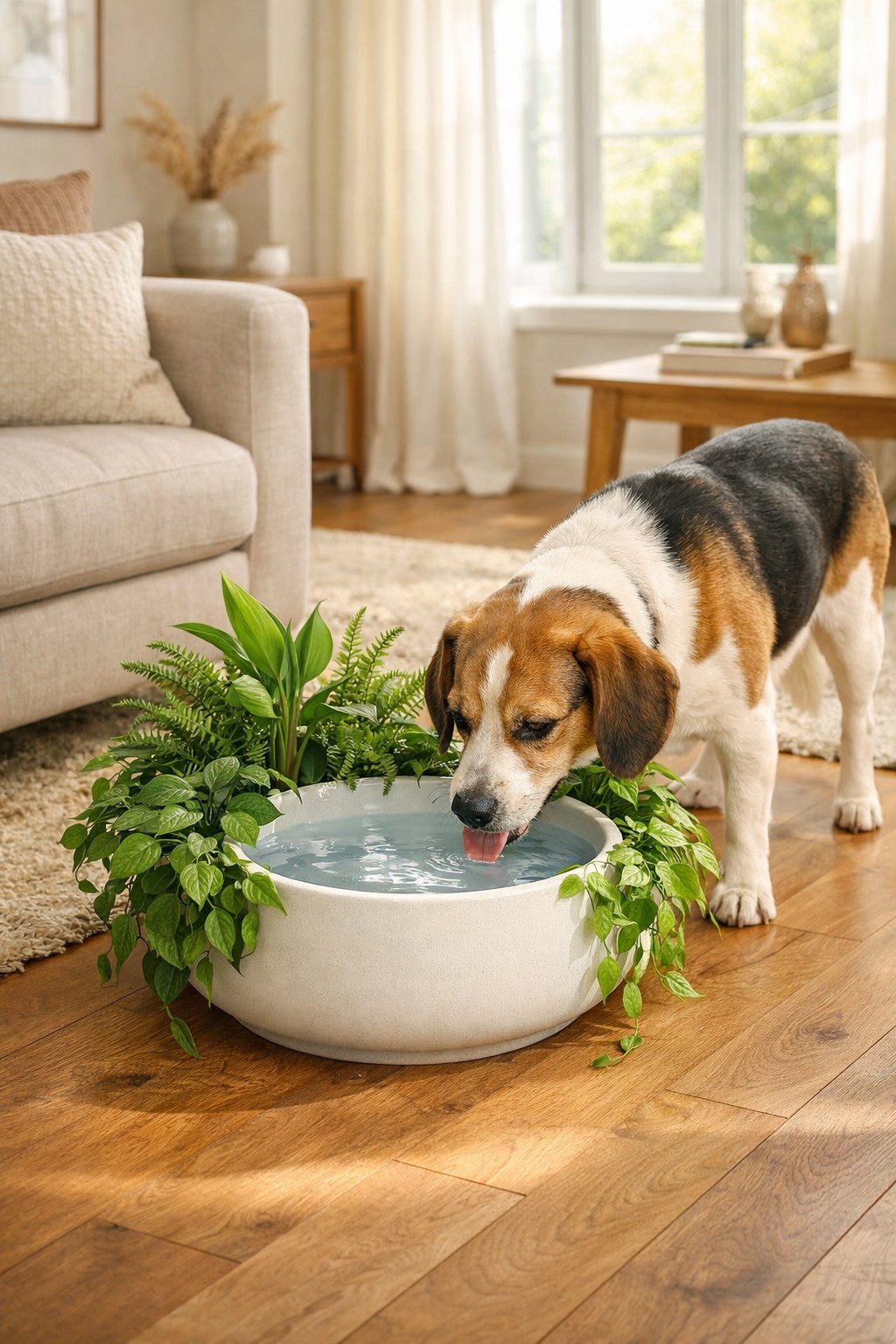 A dog drinking water from a plant-adorned water bowl placed on the floor in a bright living room with plants and furniture.