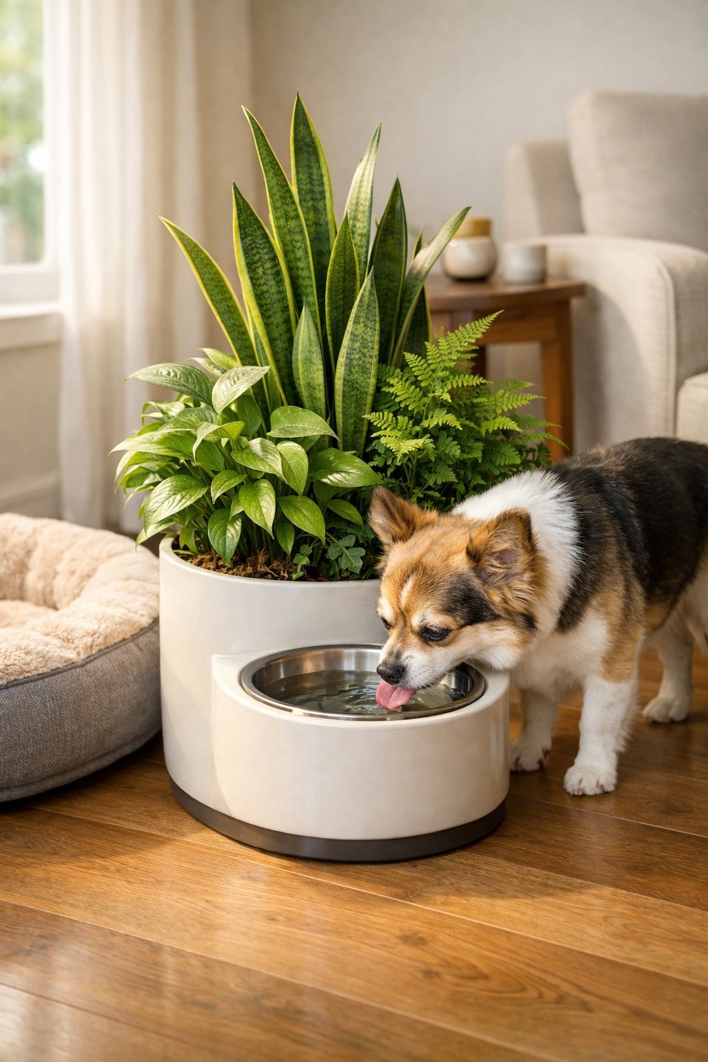 A dog drinks water from a ceramic bowl integrated into a planter with green plants, placed on a hardwood floor near a dog bed in a modern living room.