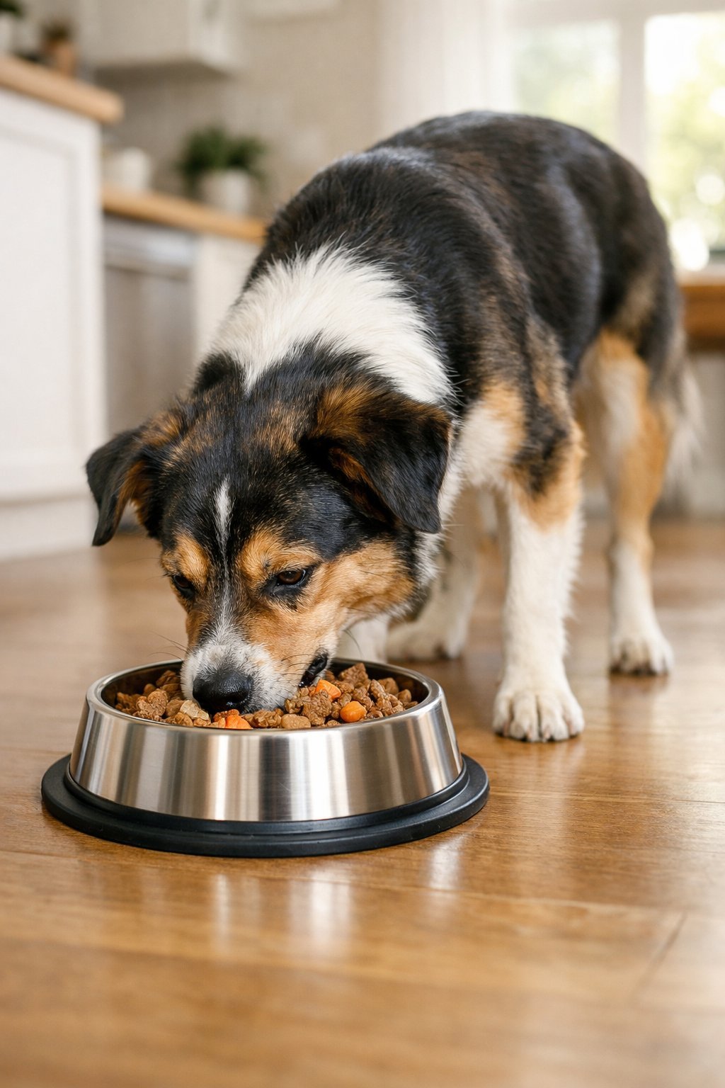 A medium-sized dog eating from a stainless steel dog bowl on a clean kitchen floor in a bright home.