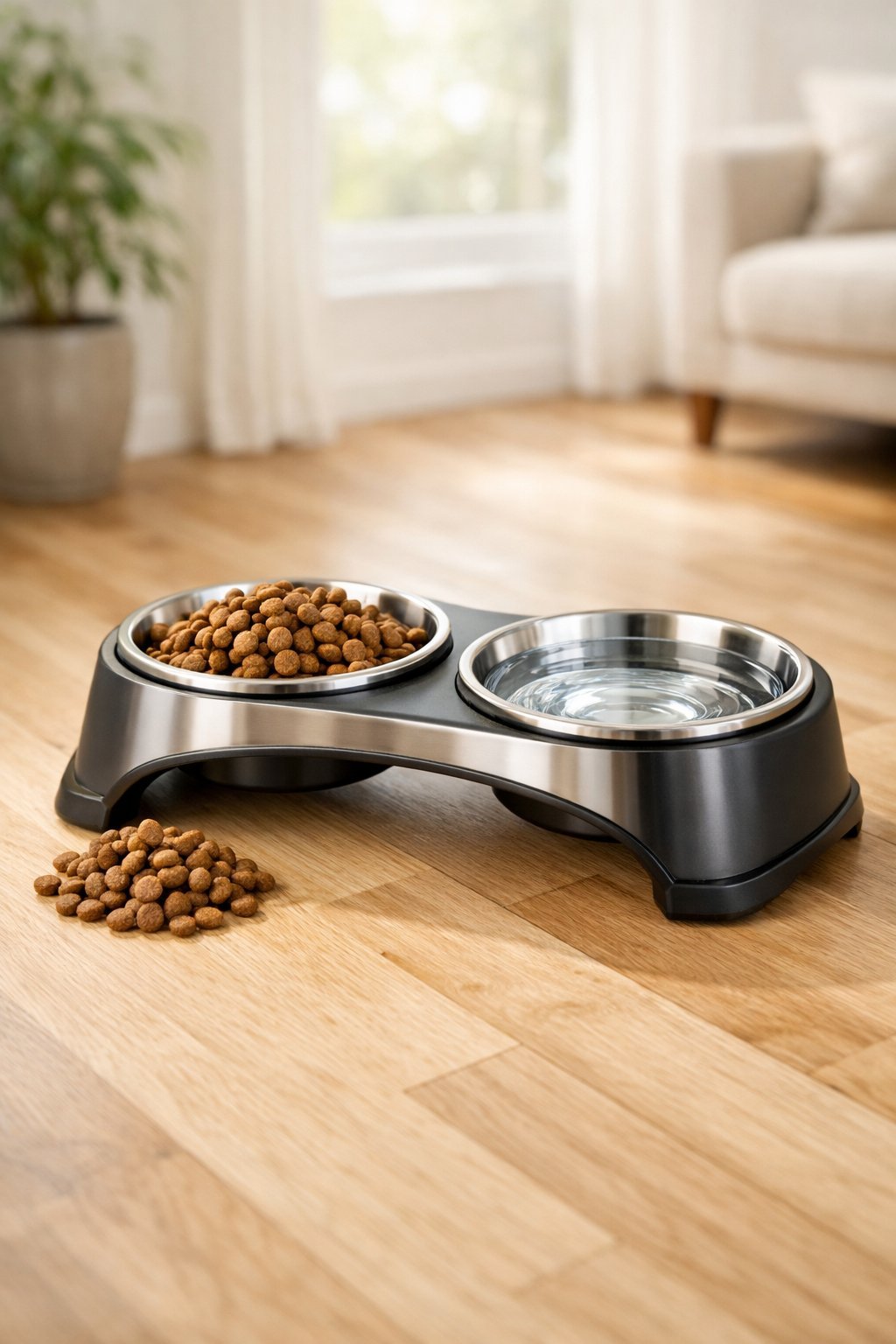 A modern dog feeding station with an elevated stainless steel dog bowl filled with dry food and a water bowl on a wooden floor in a bright home setting.