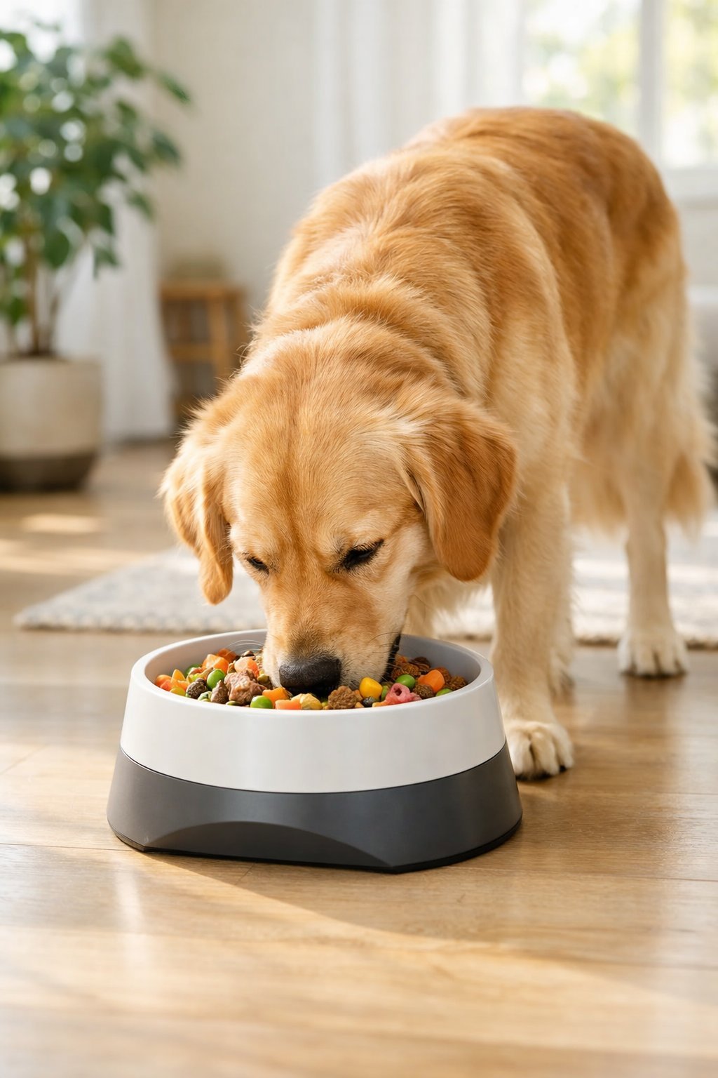 A dog eating from a modern dog bowl on a kitchen floor in a bright home setting.