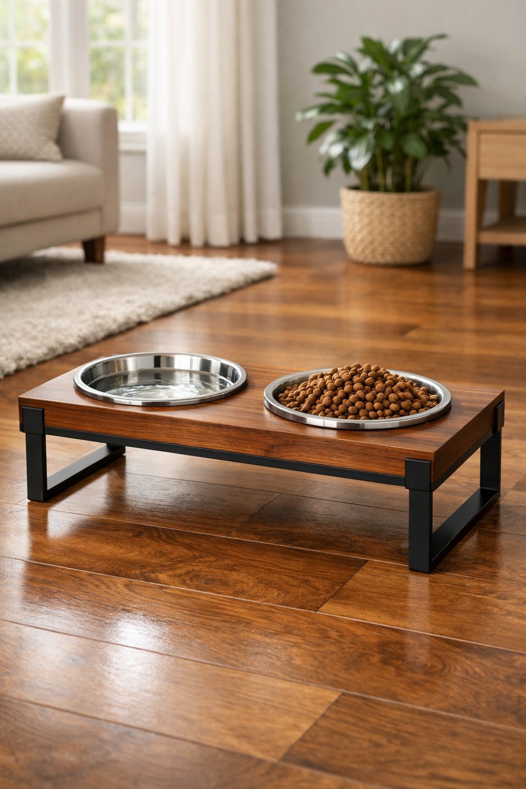 Elevated dog bowl stand with two bowls in a bright living room with hardwood floors and home decor.