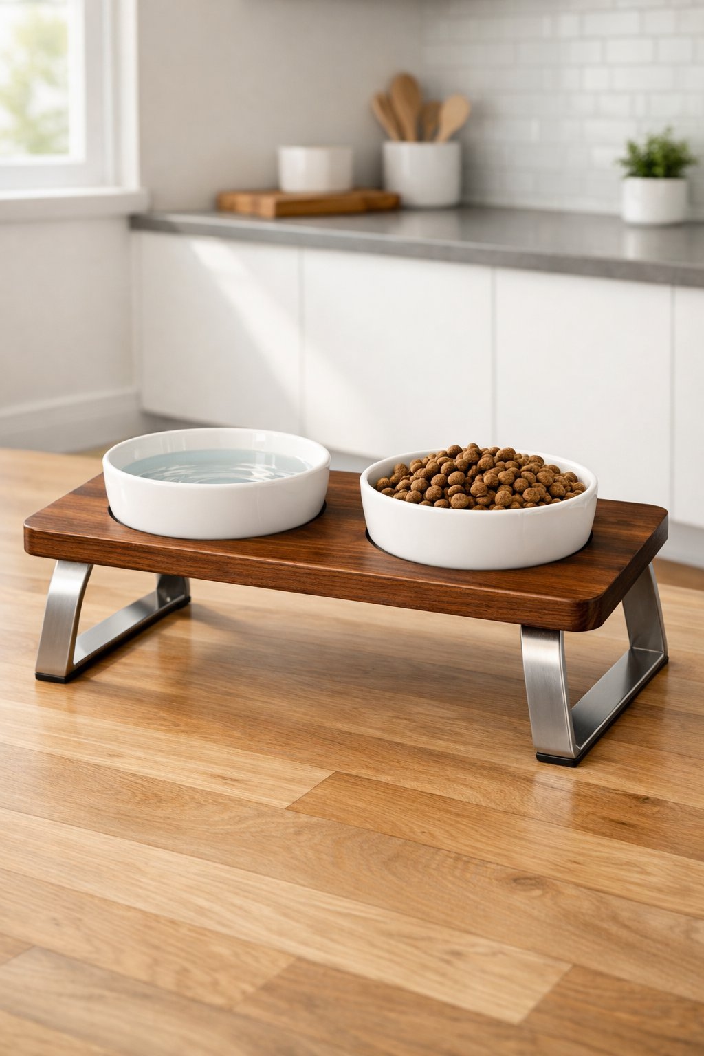Elevated dog bowl stand with two bowls in a bright, clean kitchen.