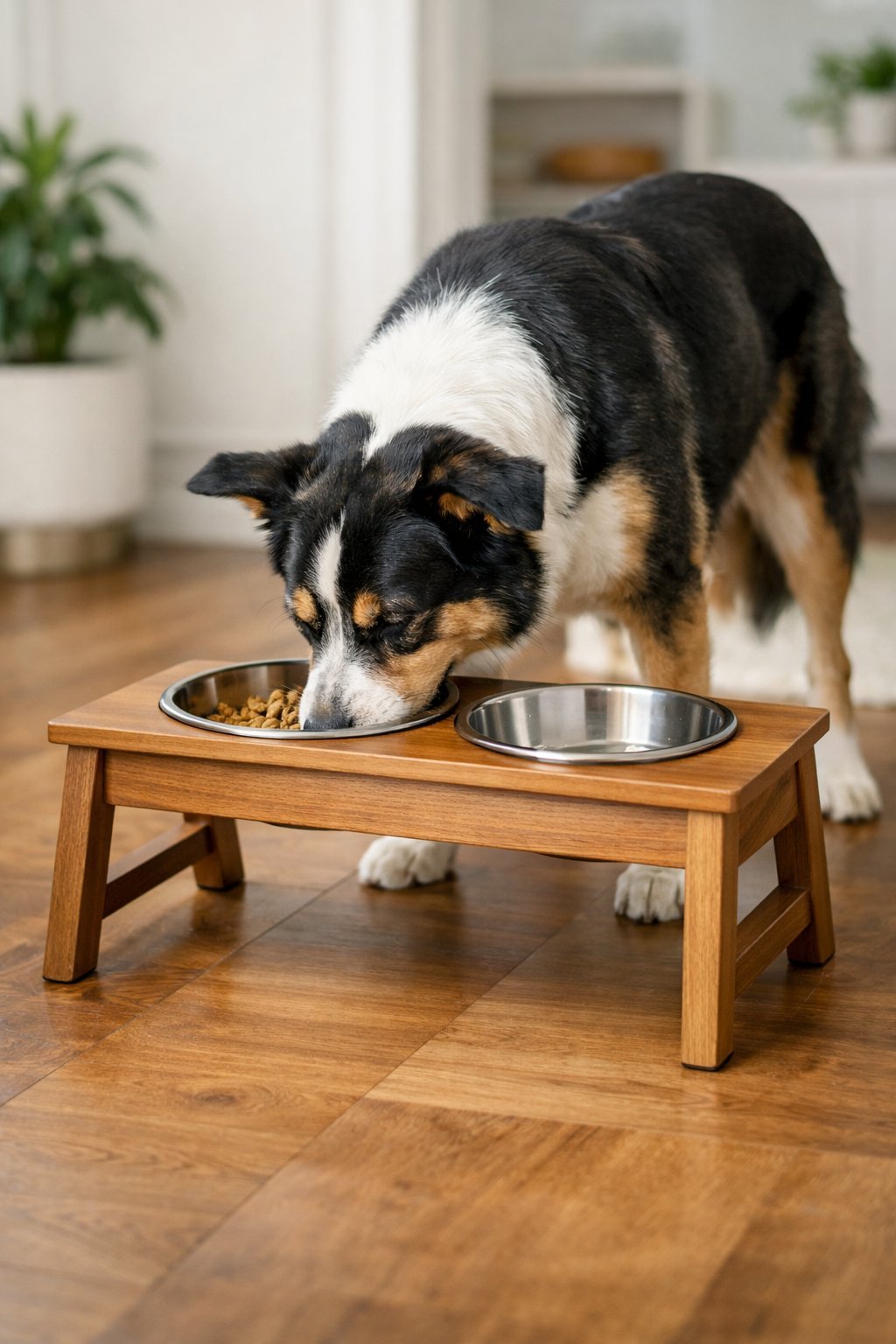 A medium-sized dog eating from an elevated wooden dog bowl stand with stainless steel bowls in a clean, modern home interior.