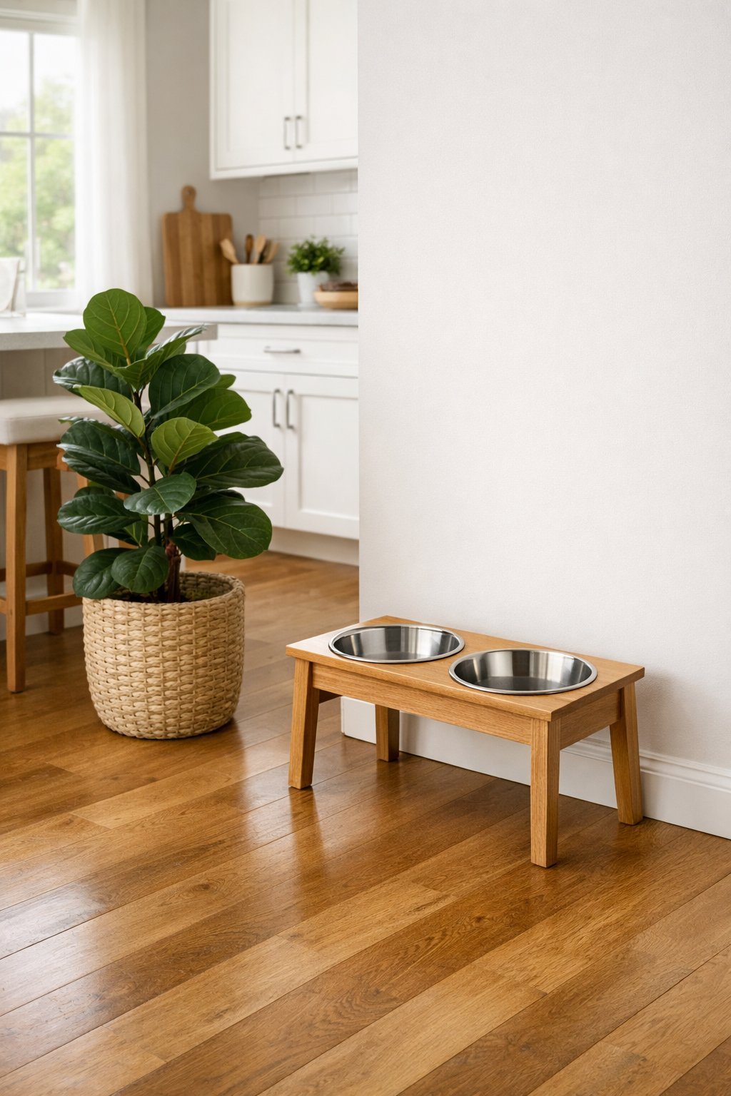An elevated dog bowl stand with two bowls placed on a hardwood floor next to a white wall and a green indoor plant in a modern kitchen.