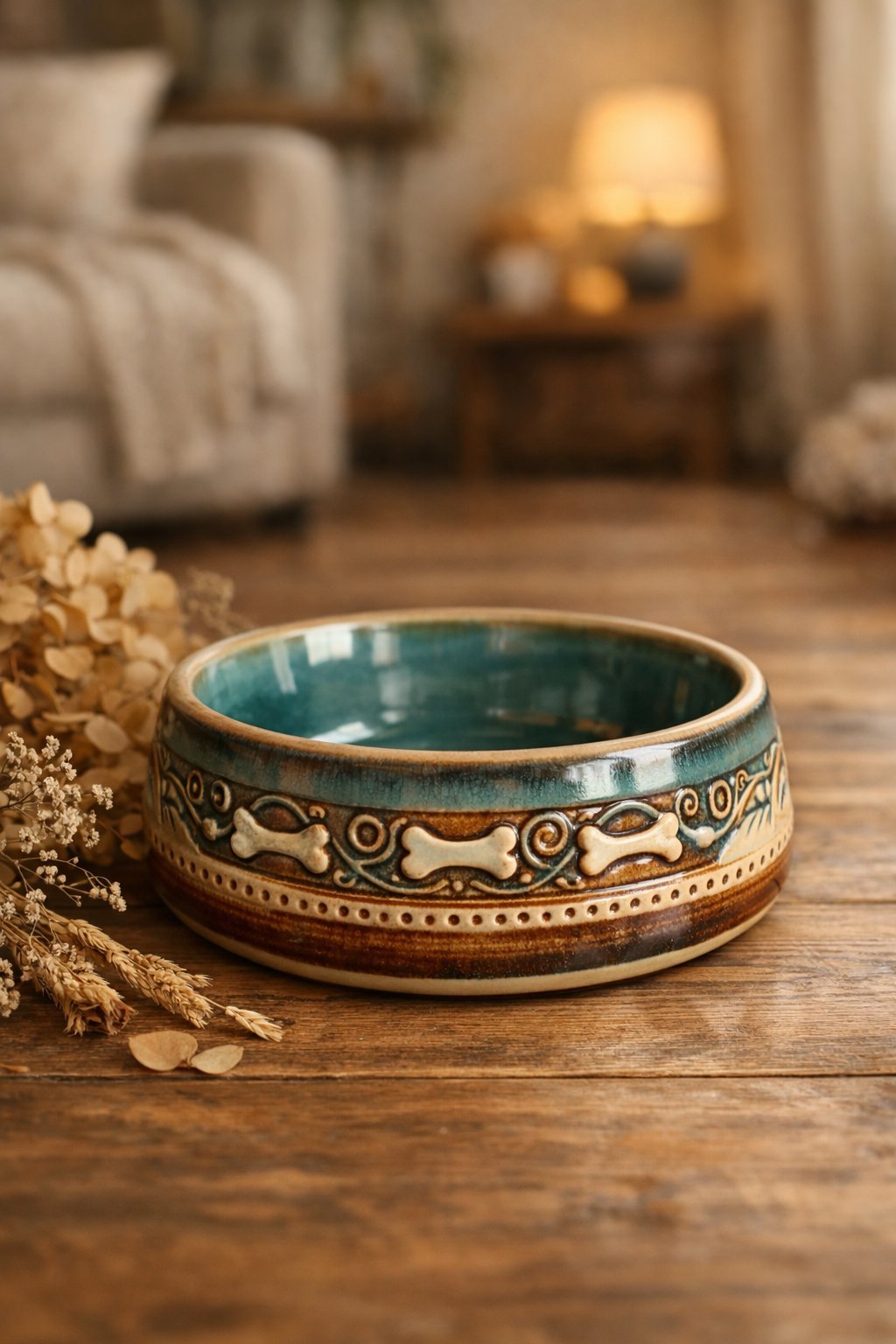 A handcrafted ceramic dog bowl with artistic patterns on a wooden floor in a cozy home setting.