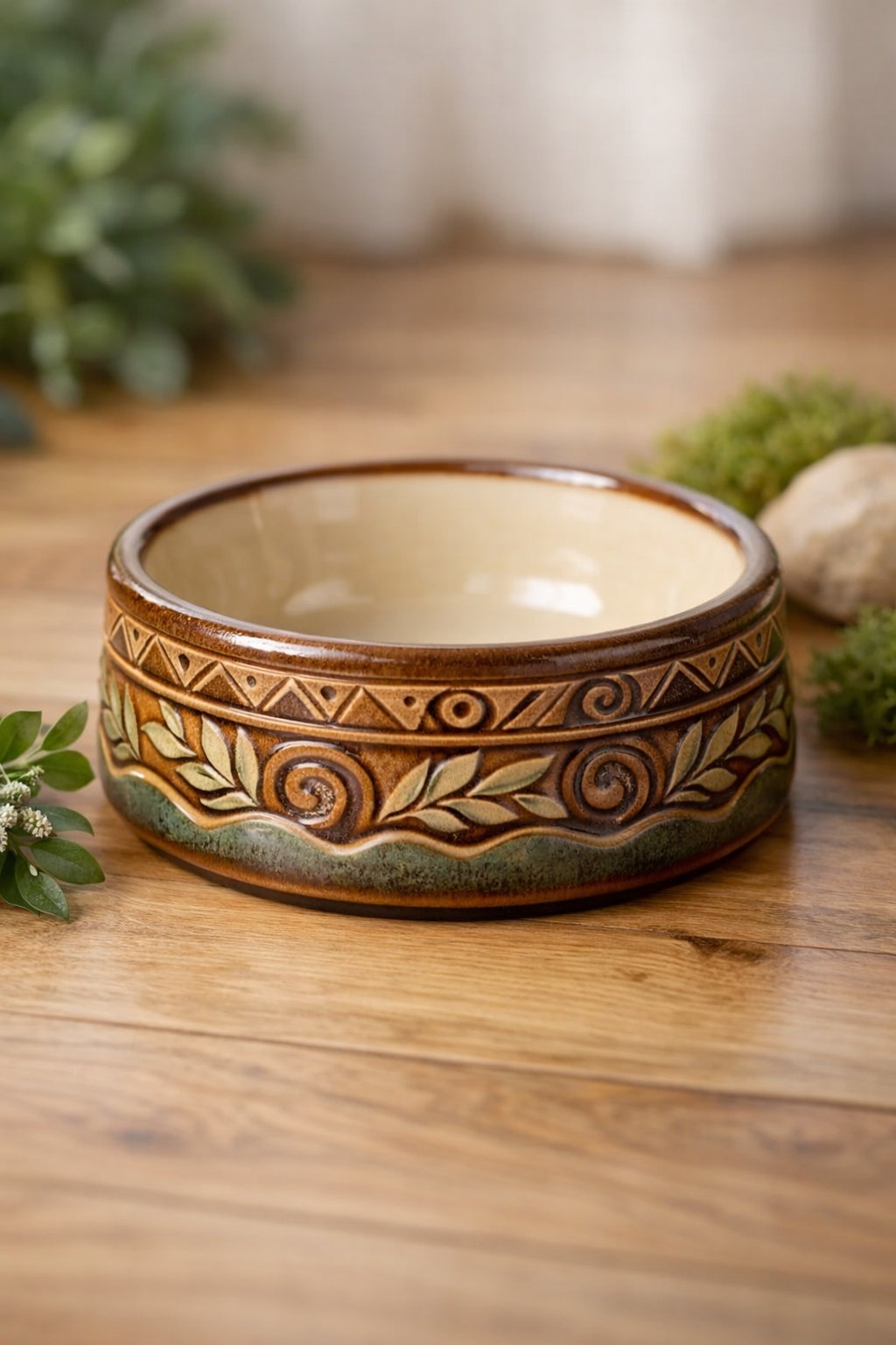 A handcrafted ceramic dog bowl with artistic patterns placed on a wooden floor surrounded by small plants.