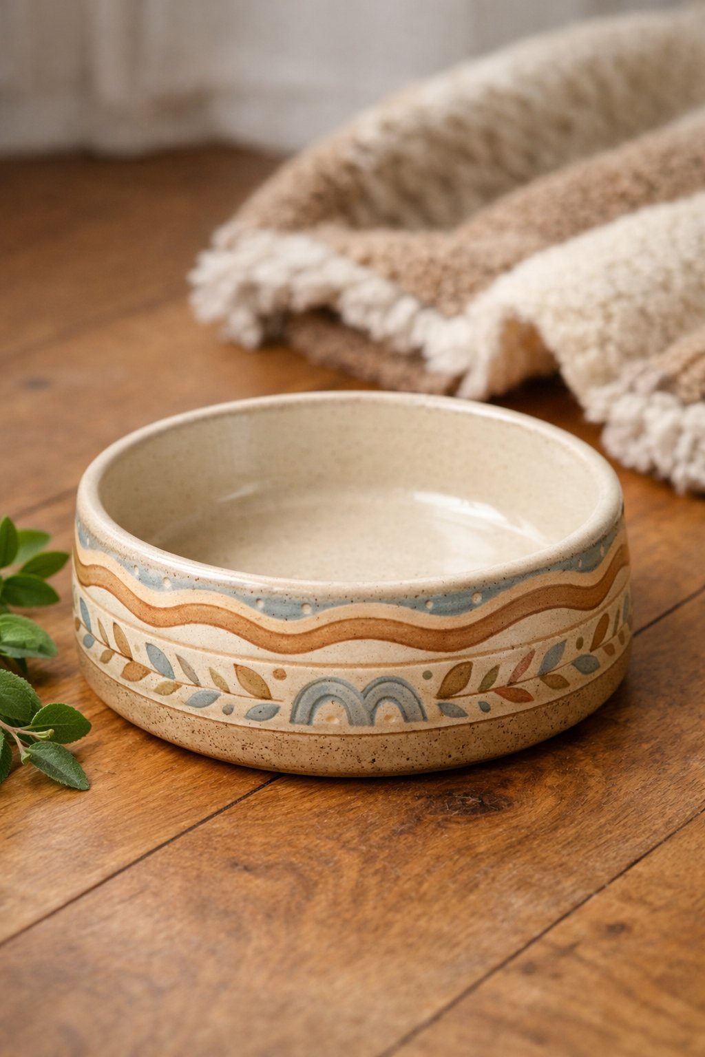 A handcrafted ceramic dog bowl with decorative patterns placed on a wooden floor next to a dog blanket and green leaves.