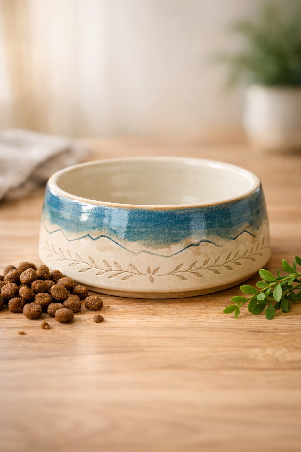 A handcrafted ceramic dog bowl on a wooden surface with dog food and greenery around it.