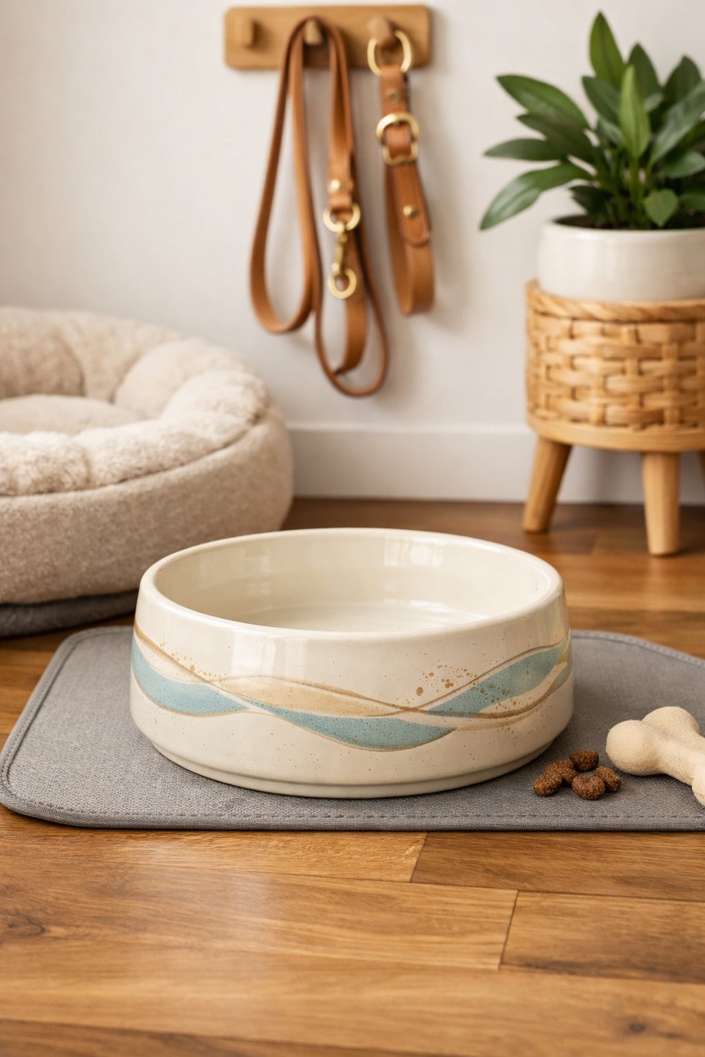 A ceramic dog bowl placed on the floor surrounded by pet accessories like a dog bed, leash, and plants in a tidy indoor space.