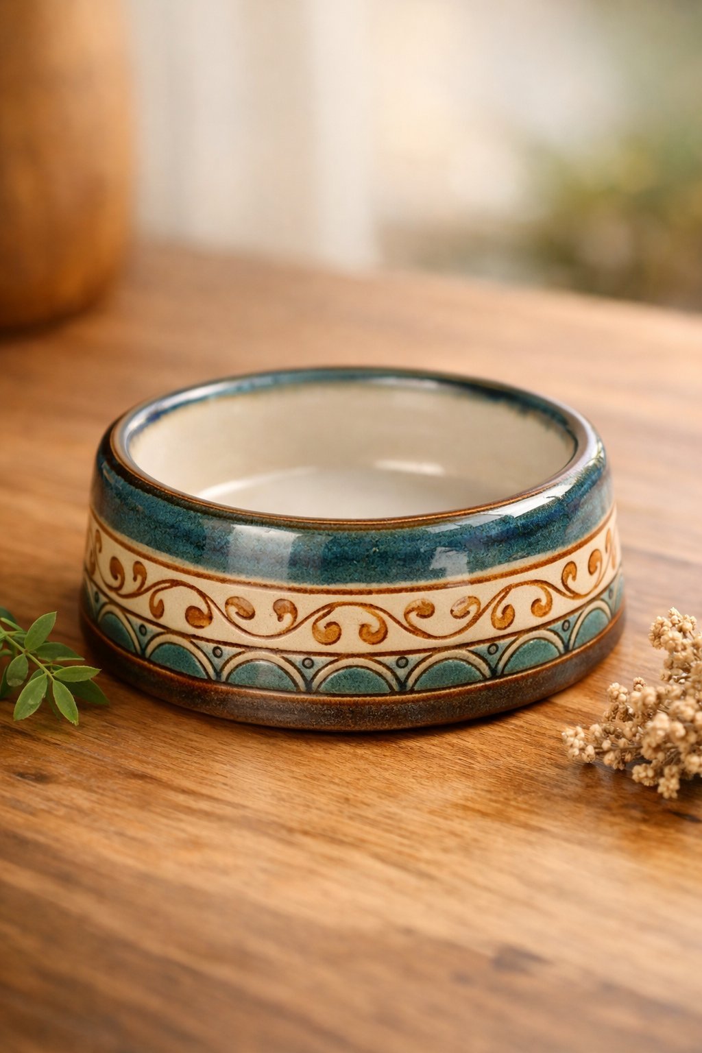 A handcrafted ceramic dog bowl on a wooden surface with plants nearby.