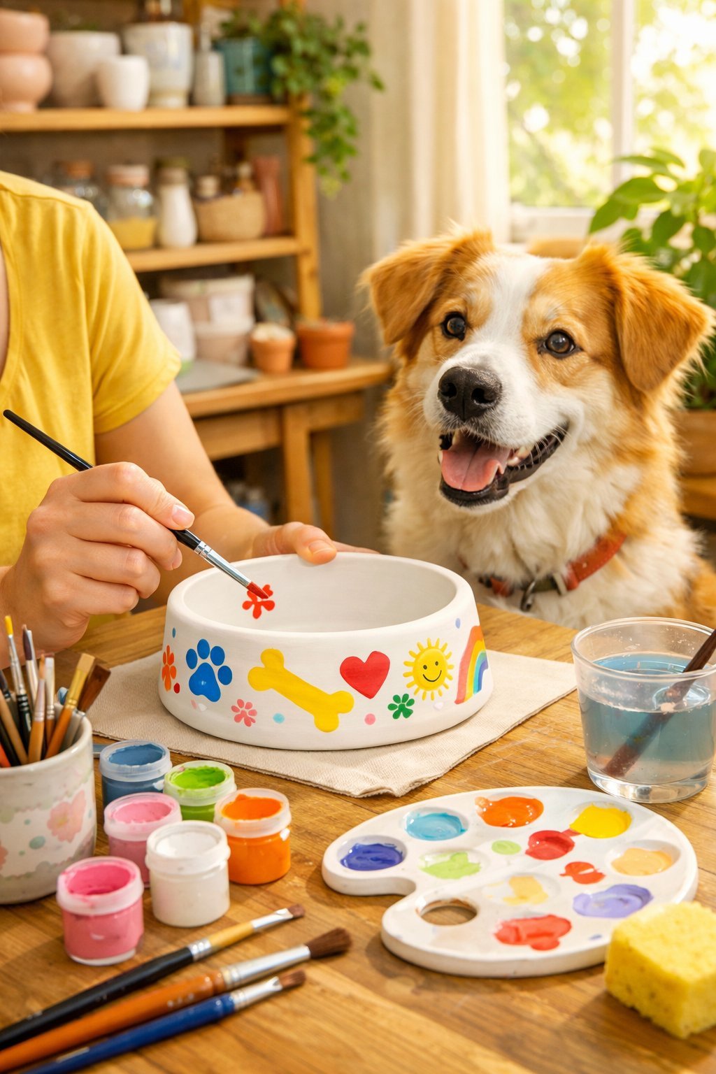 A person painting a colorful ceramic dog bowl at a table with painting supplies while a dog watches nearby in a bright, cozy room.