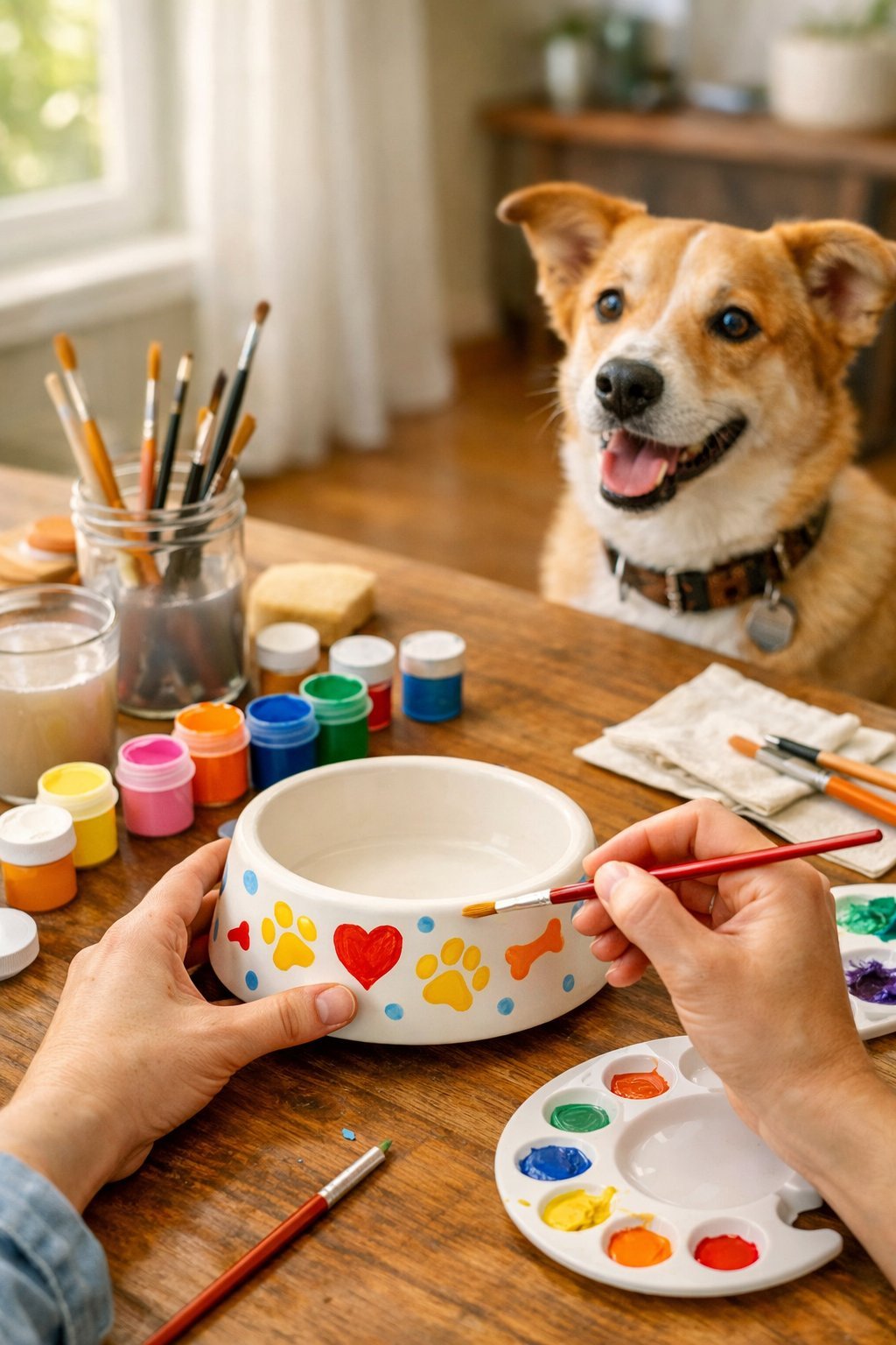 Person painting a ceramic dog bowl on a table while a dog watches nearby.