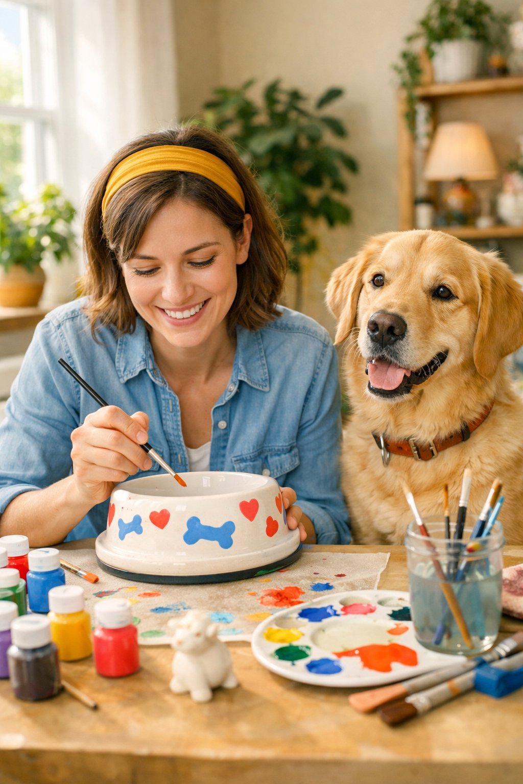 A person painting a ceramic dog bowl at a table while their dog watches nearby.