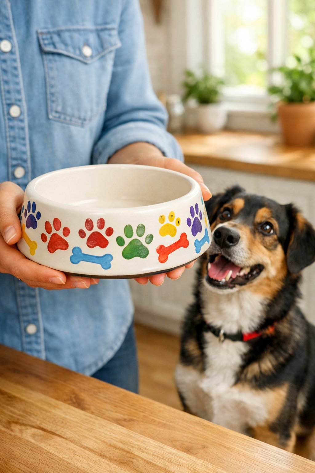 A person holding a colorful hand-painted dog bowl while a happy dog looks at it in a bright kitchen.