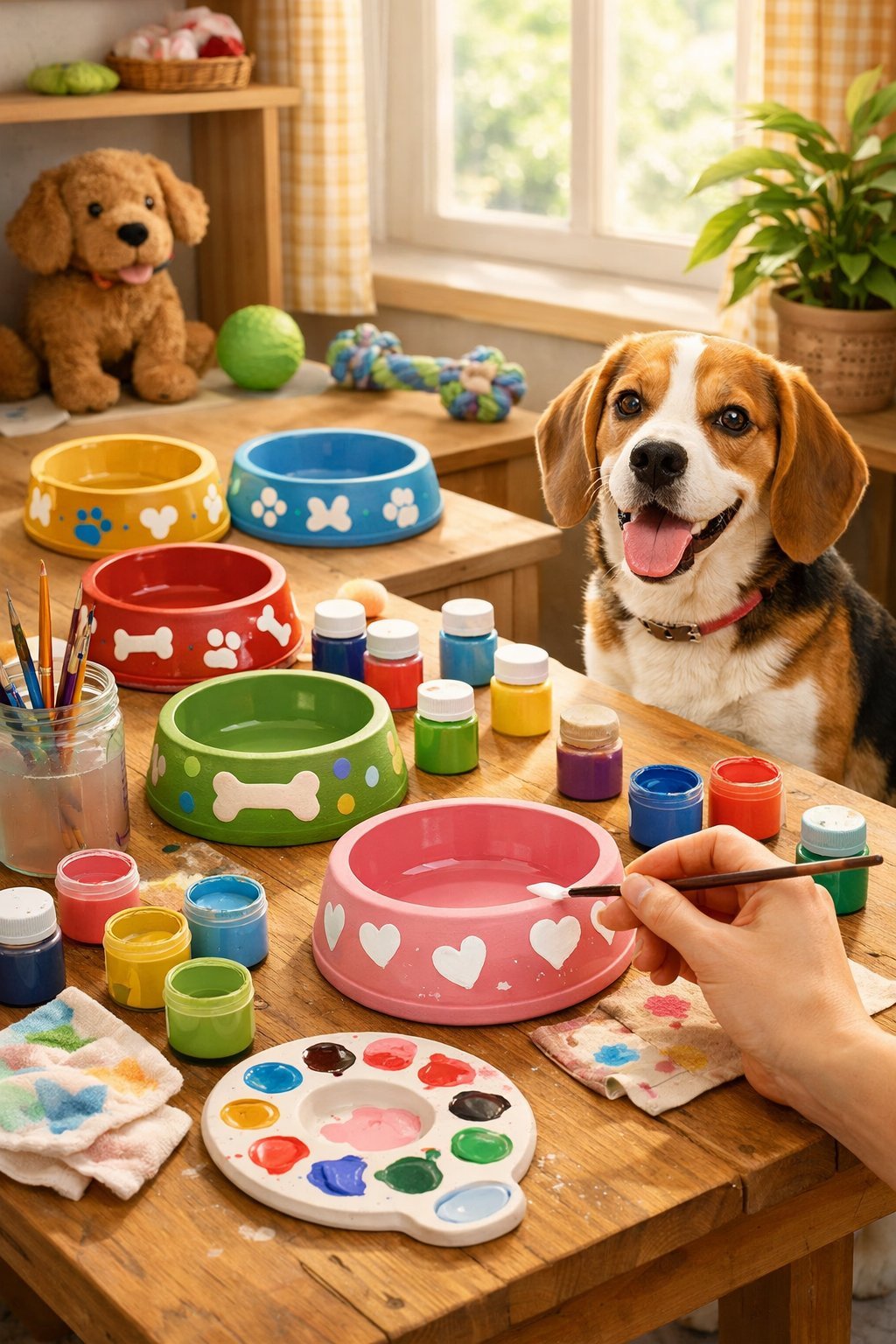 A person painting ceramic dog bowls at a wooden table while a dog watches nearby in a bright, cozy room.