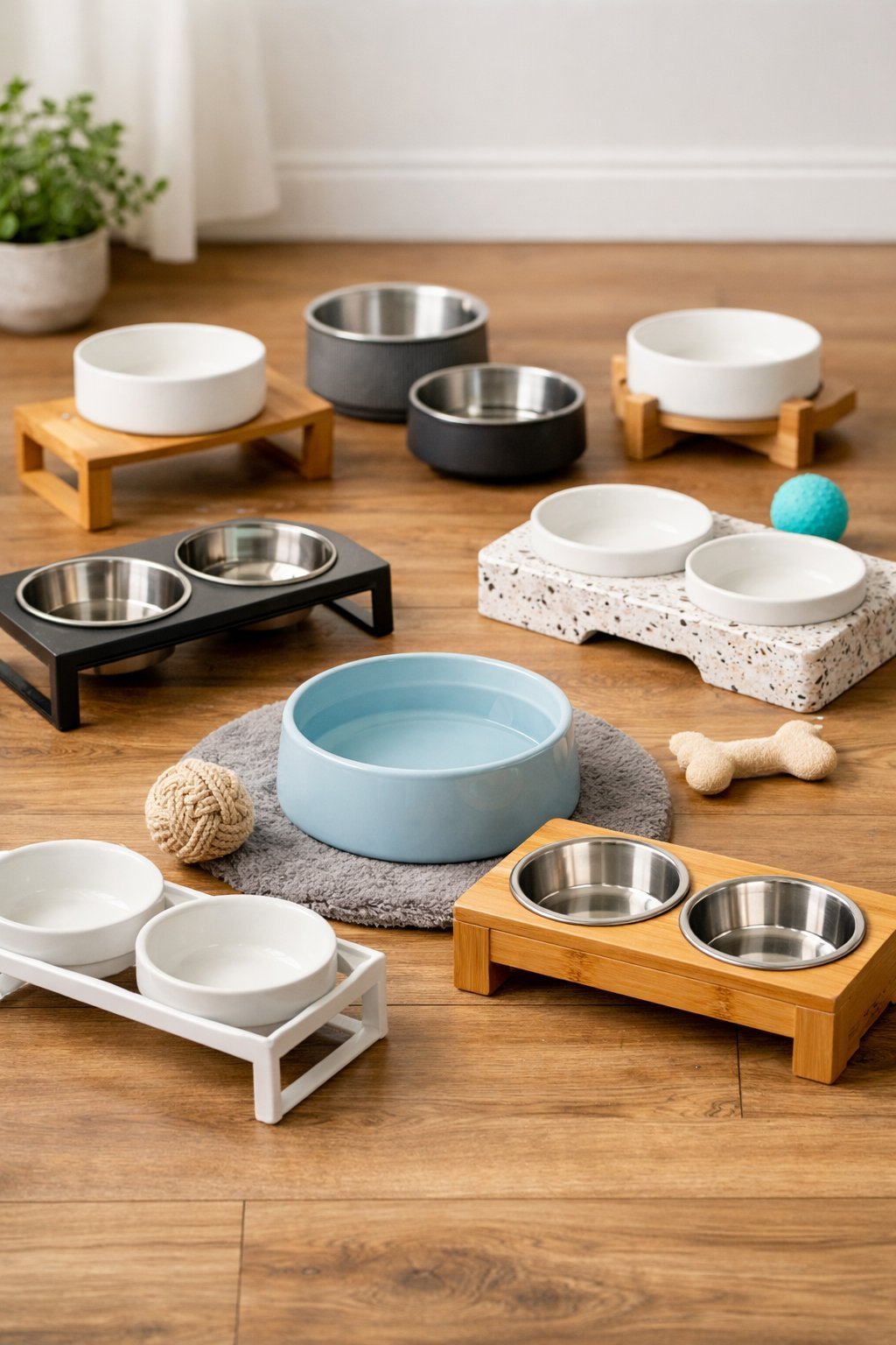 A collection of different dog water bowls arranged on a wooden floor with plants and dog toys nearby.