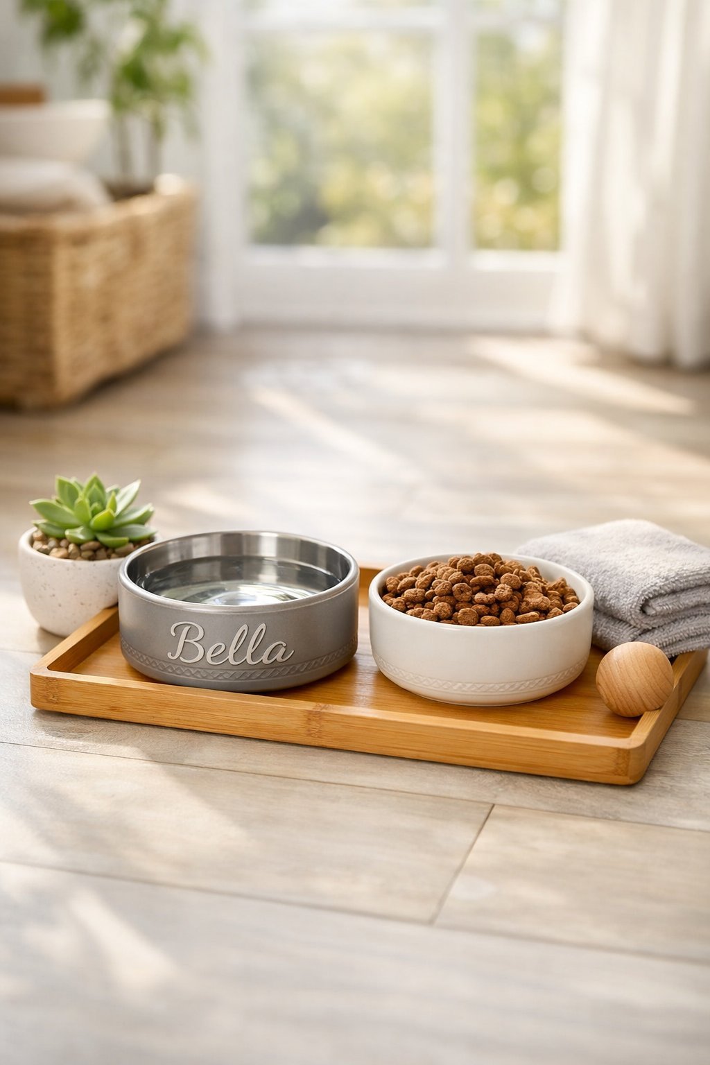 A personalized dog water bowl on a wooden tray with a matching food bowl and a small plant, placed on a light floor in a bright room.