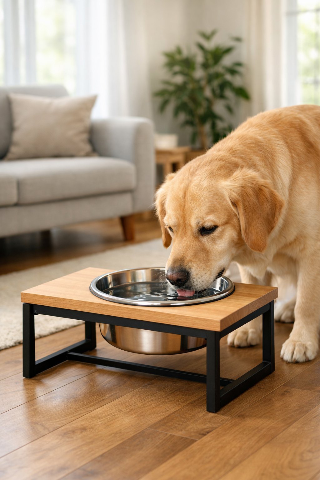 A medium-sized dog drinking water from a modern elevated water bowl in a bright living room.