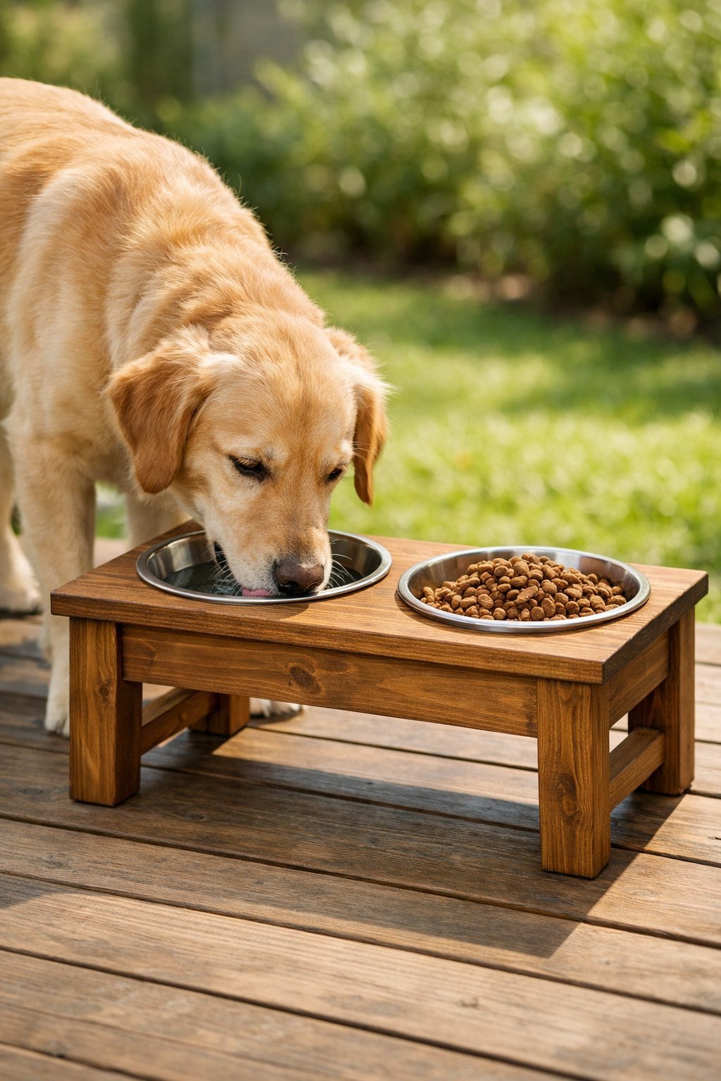 A medium-sized dog eating from an elevated wooden dog bowl stand outdoors on a sunny day.