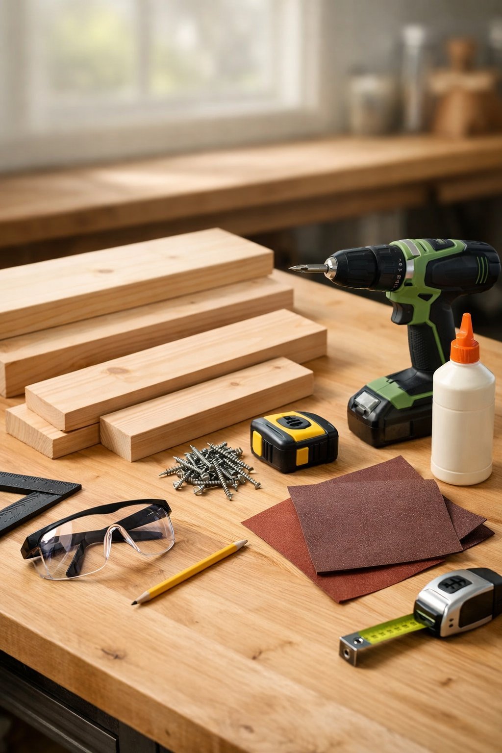 A wooden workbench with neatly arranged materials and tools for building a dog bowl stand, including wood planks, a drill, screws, and measuring tape.