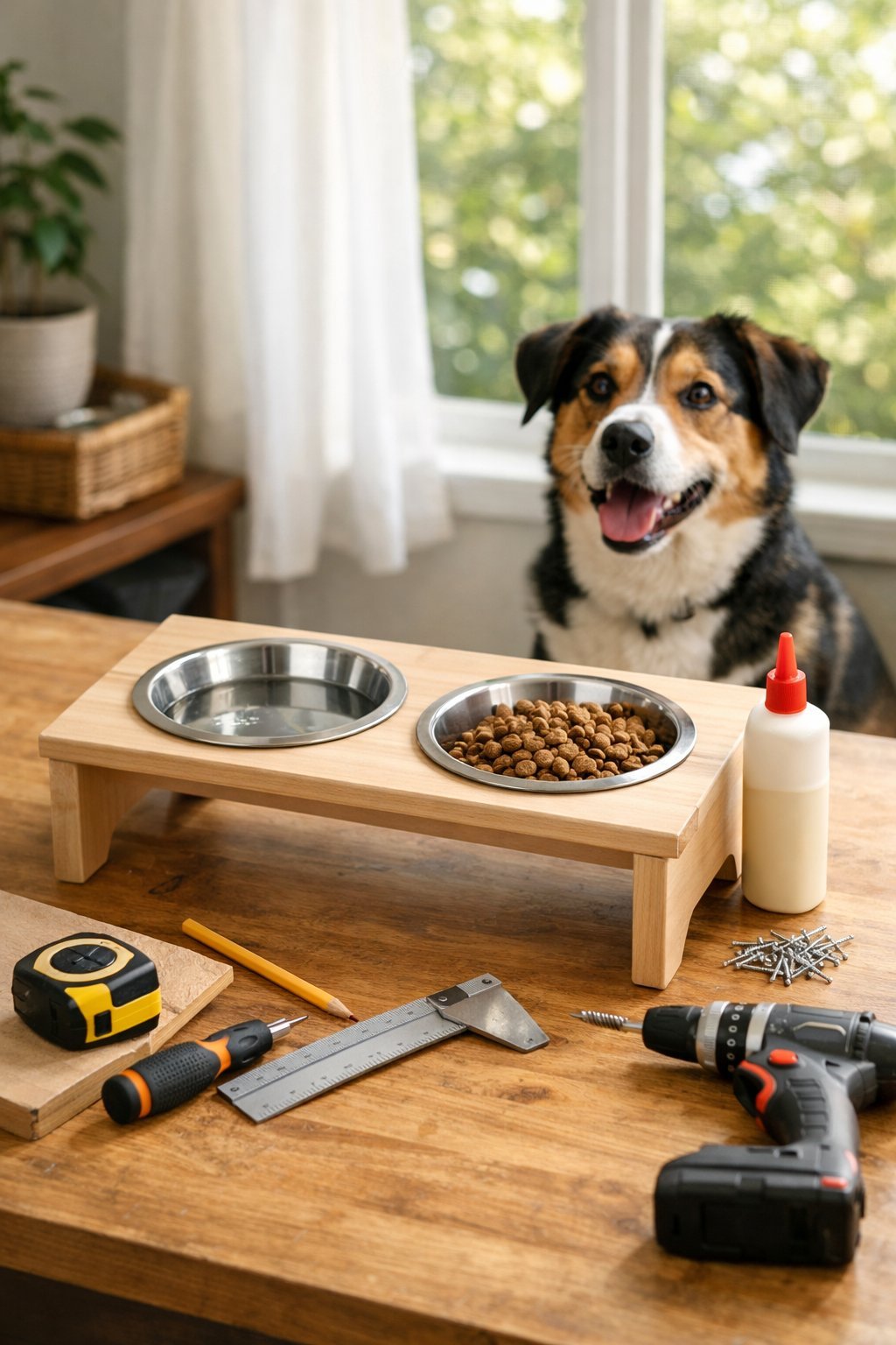 A partially assembled wooden elevated dog bowl stand on a table with tools nearby and a dog looking at it in a bright home setting.