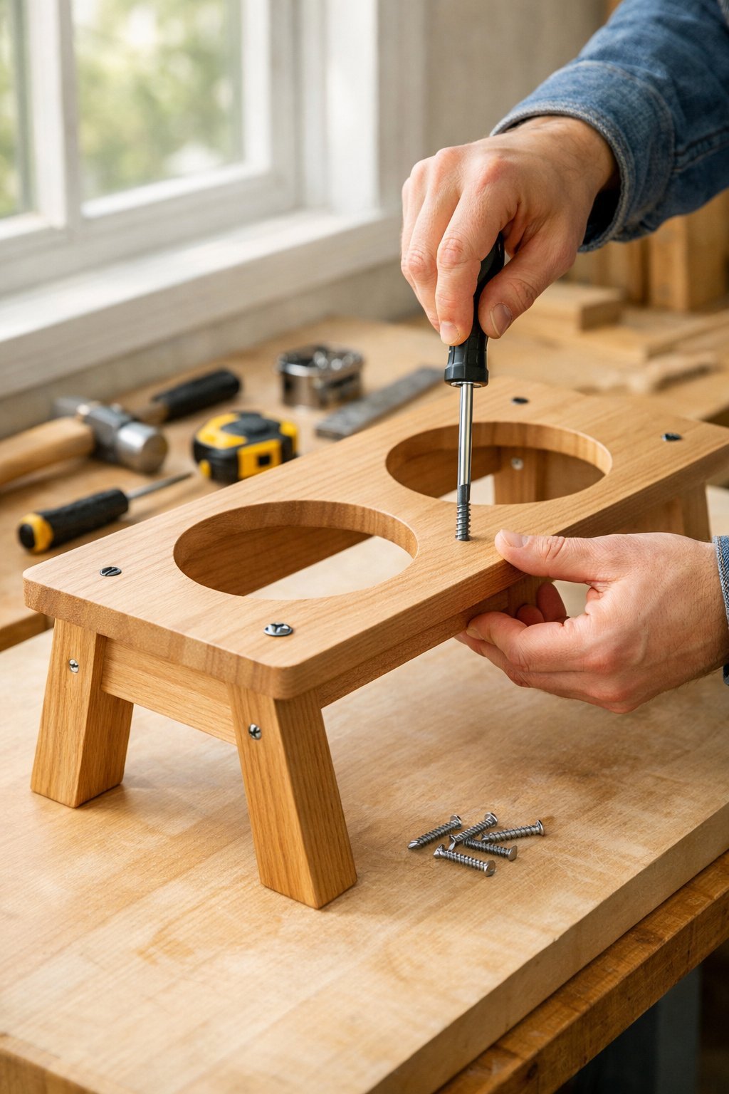 Hands assembling a wooden elevated dog bowl stand on a workbench with tools nearby.