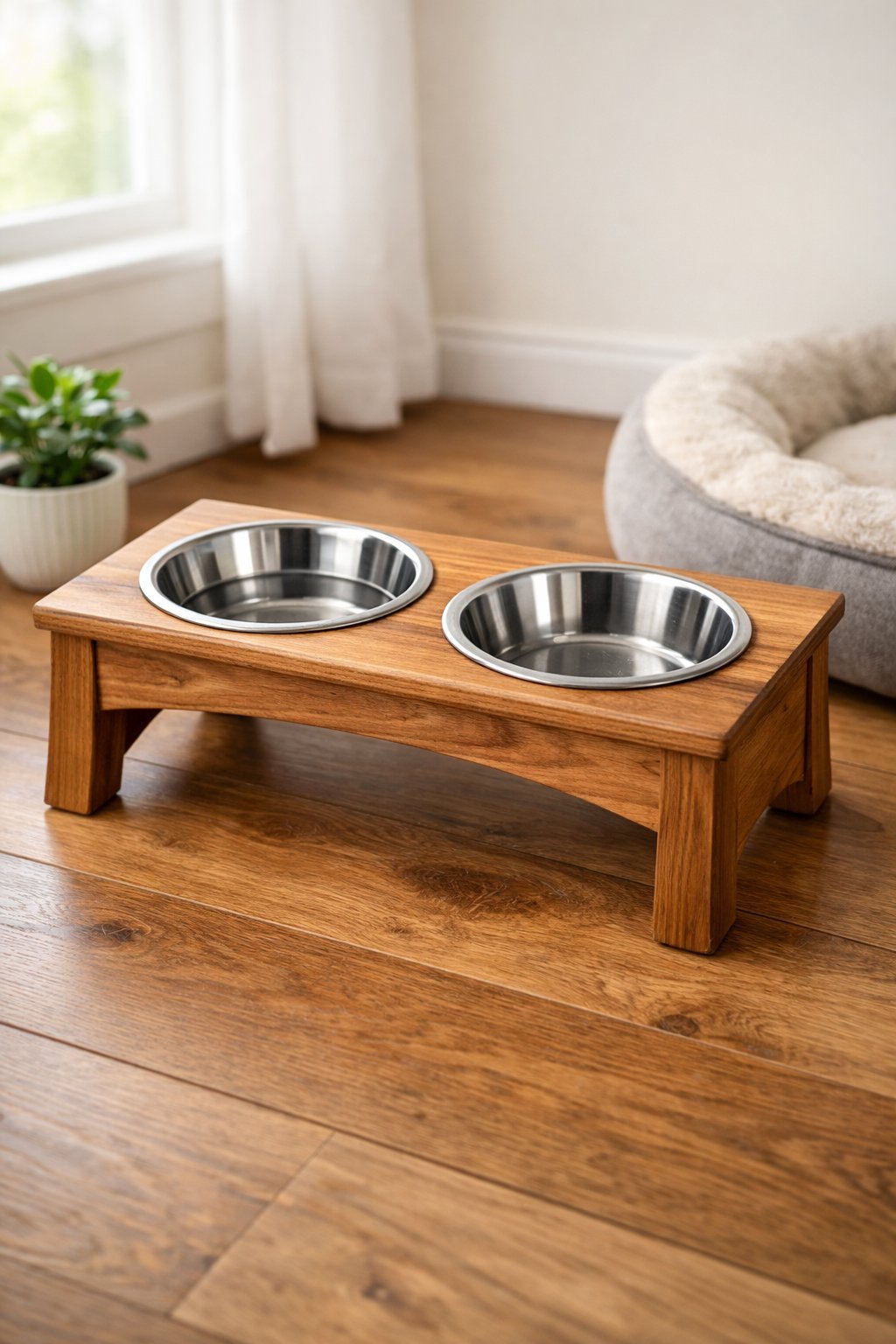 Elevated wooden dog bowl stand with two stainless steel bowls on a wooden floor inside a bright living room.