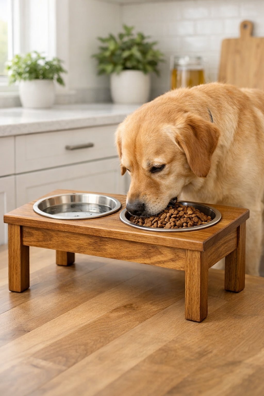 A medium-sized dog eating from a wooden elevated feeding station with two bowls in a bright kitchen.